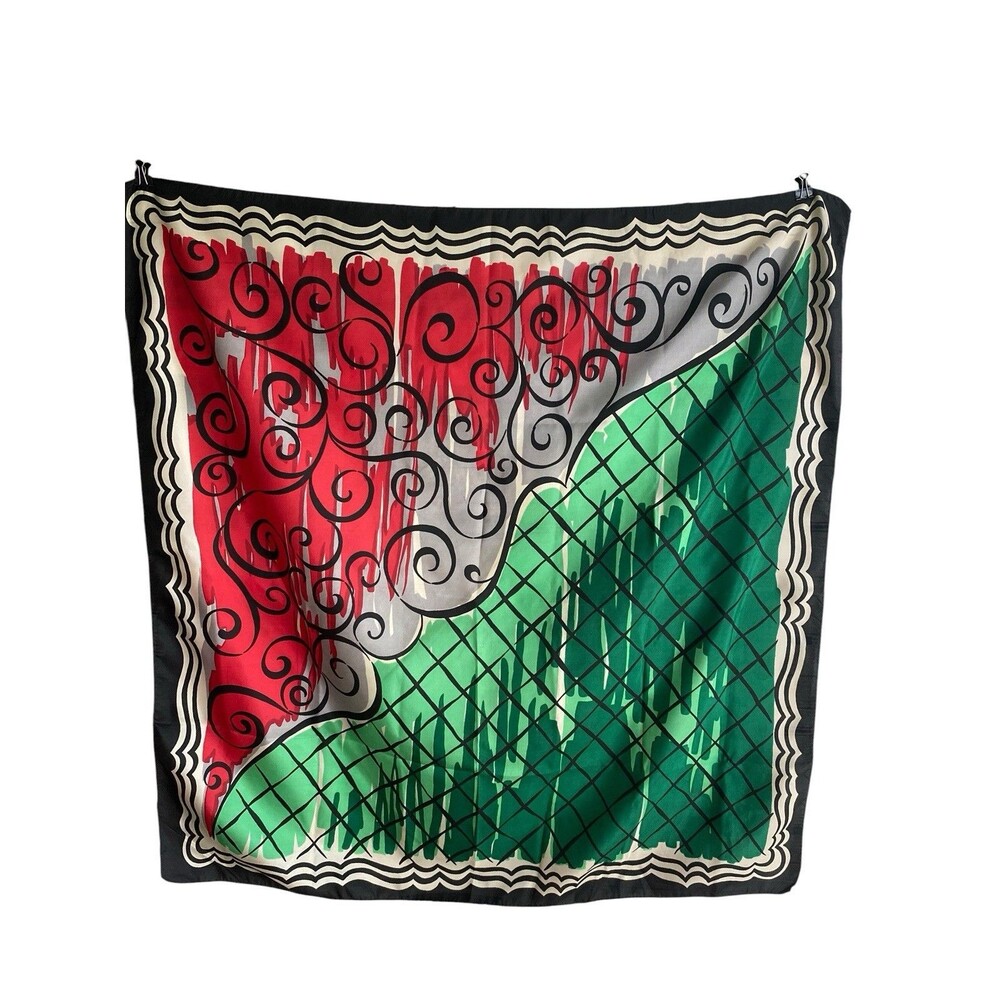 Vintage Glentex Scarf Red Green Gray Black Square 33.5" X 33" Hand Rolled Hem